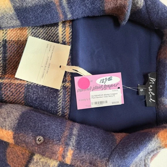 Marled Blue and Orange Plaid Bomber Jacket - Picture 3 of 7